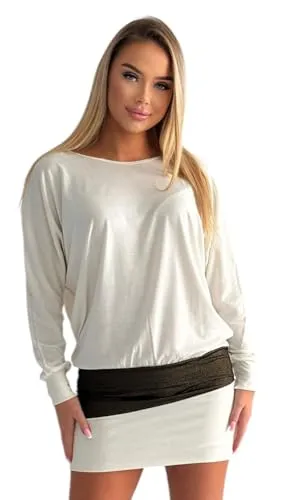 Mississhop 95-31 Damen Minikleid Glitzer Tunika Creme S - Elegantes Minikleid für Damen in Creme, ideal für jeden Anlass. Der Kontrast zwischen mattem Oberteil und glänzendem Rock sorgt für einen edlen Look und hohen Tragekomfort.