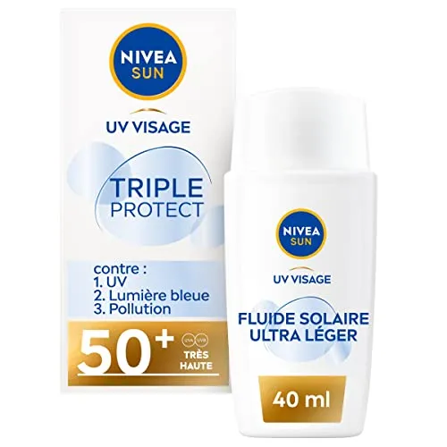 NIVEA SUN Triple Protect Sonnenpflege für das Gesicht 50+ - Leichte Gesichtsflüssigkeit mit Dreifach-Schutz vor UV-Strahlen, blauem Licht und Umweltfaktoren. Ideal für den täglichen Gebrauch, zieht schnell ein und sorgt für ein unsichtbares Finish.