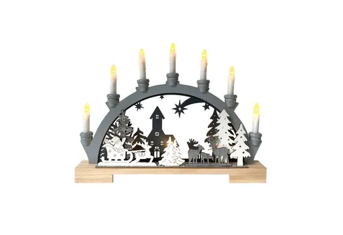 HTI-Living Schwibbogen Grau Weihnachtsschlitten - Schwibbogen aus Holz mit warmweißer LED-Beleuchtung, ideal für festliche Stimmung in der Adventszeit. Detailreiche Gestaltung mit Schlitten, Rentier und winterlichem Wald. Maße: 45 x 33,5 x 5 cm.