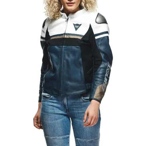 Dainese Rapida Damen Lederjacke - Dunkelblau/Weiß/Gold - 42 - Motorradjacke für Damen aus Tutu-Rindsleder mit zertifizierten Pro-Armor-Protektoren für optimalen Schutz und Komfort, inklusive Belüftungsöffnungen und verstellbarer Passform.