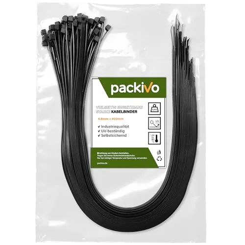 packivo Kabelbinder 4,8x400mm schwarz extra starke & reißfeste 22kg Zugkraft UV-beständig Bruchsicheres Nylon für Industrie, Garten & Haushalt - 100 Stück