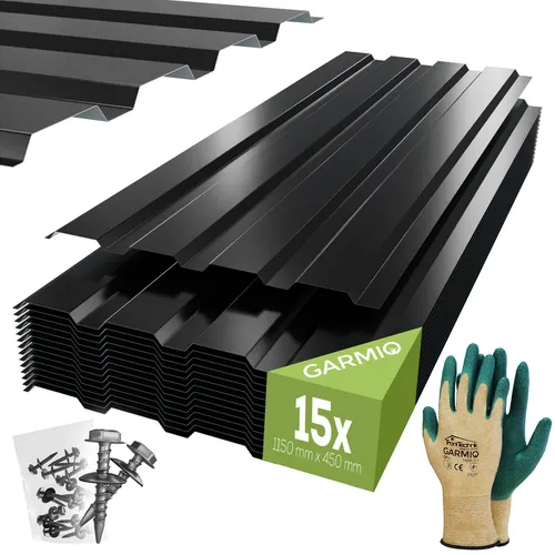 GARMIO Trapezblech 15er Set, Dachplatten aus verzinktem Stahl - Trapezbleche schwarz 115x45 cm, langlebig und ideal für Dach- und Wandverkleidungen, inkl. Schrauben für einfache Montage.