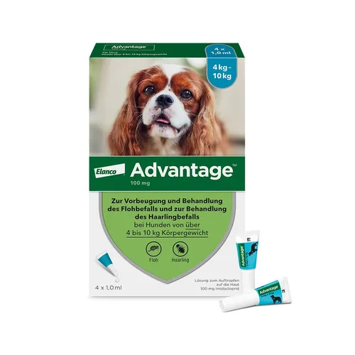 Advantage 100 Hunde 4-10 kg - Effektives Zecken- und Flohmittel - Zeckenmittel & Flohmittel für Haustiere, rezeptfrei, schützt Hunde von 4-10 kg zuverlässig vor Parasiten, einfache Anwendung in praktischen 4 St.