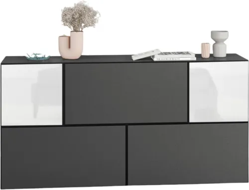 Sideboard VARIANTO 3 Schrank Set 5 tlg. - Modernes Design in Anthrazit Matt & Weiß Hochglanz - Das 5-teilige Sideboard bietet vielseitigen Stauraum mit drei Klappen- und zwei Türschränken. Wählen Sie aus acht Farben für eine individuelle Raumgestaltung – ideal für Wohnzimmer, Esszimmer oder Flur.
