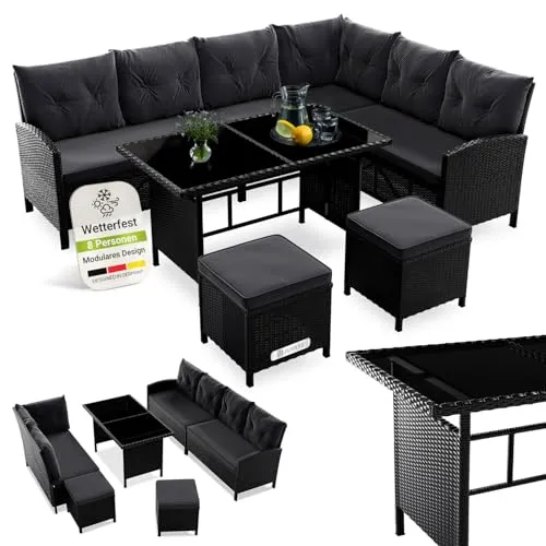 Juskys Polyrattan Lounge Manacor - Wetterfeste Gartenmöbel für bis zu 7 Personen - Gartenmöbel Set mit Ecksofa, Esstisch und Hockern. Wetterfest, robust und pflegeleicht mit abnehmbaren, waschbaren Bezügen für maximalen Komfort.