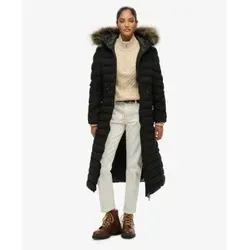 Superdry W5012001A Fuji Kunstpelz Longline Mantel schwarz (S) - Eleganter Longline Mantel von Superdry für kühle Tage. Mit Kunstpelzkapuze und gestepptem Design vereint er Stil und Komfort. Hergestellt aus recycelten Materialien, ideal für modebewusste Umweltschützer.