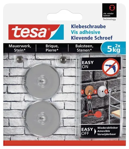Tesa Klebeschrauben 77906 – Mauerwerk, Stein, bis 5kg - Schrauben für Mauerwerk und Stein, max. Tragkraft 5kg, wiederablösbar und ideal für Innen- und Außenbereich. Inklusive Edelstahl-Abdeckplatte und 2 Stück im Set.