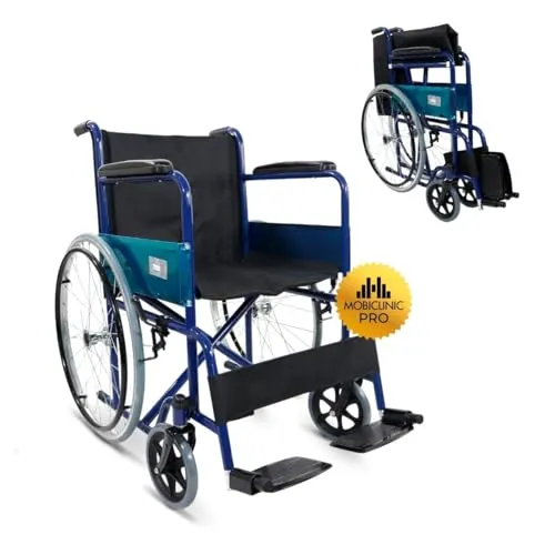 Mobiclinic® Faltrollstuhl Alcázar, 46 cm Sitzbreite, Blau/Schwarz - Rollstuhl mit klappbaren Fußstützen und festen Armlehnen, ideal für Personen mit eingeschränkter Mobilität. Praktisch und bequem für den einfachen Transport.