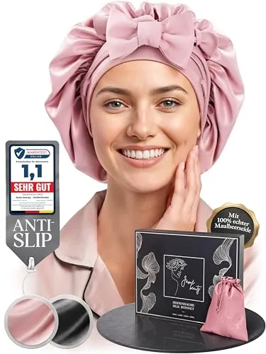 Jamé beauty® Seidenhaube zum Schlafen - 100% Maulbeerseide I Schlafhaube Seide - Idealer Schutz vor Frizz, Haarbruch & Knoten I Silk Bonnet mit Kinnriemen für extra Halt I Doppellagige Schlafmütze