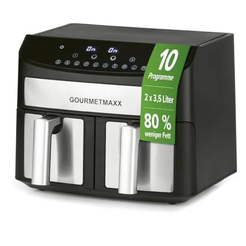 GOURMETmaxx Doppelkammer-Heißluftfritteuse 2x 3,5L - Edelstahl Airfryer mit 2400 Watt, fettarm frittieren und 10 Programme für kreative Gerichte