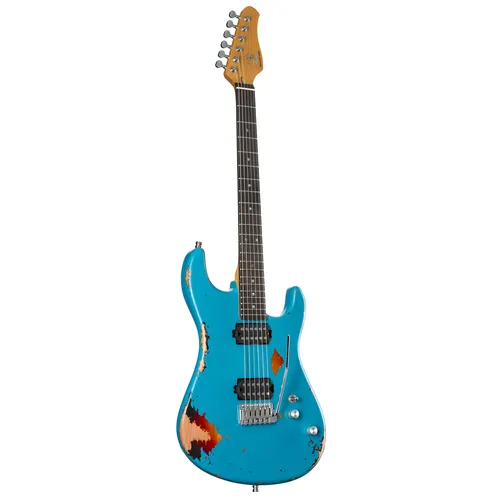 Fame Custom ST RW Worn Aqua over Sunburst E-Gitarre - E-Gitarre mit Mahagoni-Korpus und Quarter Sawn Maple Neck, ausgestattet mit zwei Fame Humbuckern und Coil-Split-Funktion für vielseitige Klänge. Ideal für Rock und Metal!