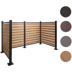 Alu Mülltonnen-Zaun HWC-K57 – Holzoptik, erweiterbar, 130x206x110cm - Stilvolle Mülltonnenverkleidung für bis zu 8 Tonnen (60-80L) oder 3 große Container. Einfache Montage durch Stecksystem, stabile Konstruktion mit Betonverankerung. Verstecken Sie unschöne Mülltonnen und werten Sie Ihr Zuhause auf!