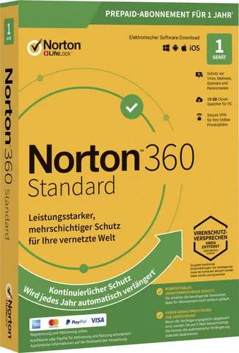 Norton 360 2025 | Internet Security für PC und Mac - Sichere Internet Security Suite für 1 Gerät, schützt vor Viren und Bedrohungen mit 1 Jahr Herstellergarantie, ideal für Windows und Mac.