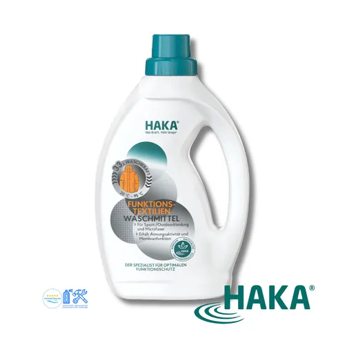 HAKA Waschmittel für Funktionstextilien, flüssig, 1 Liter - Spezialwaschmittel für Sport- und Outdoorkleidung, energiesparend ab 20°C und ohne Aluminium. Erhält Atmungsaktivität und Farben, ideal für empfindliche Haut.