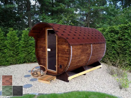 Finn Art Blockhaus Fasssauna Kari 5, 42 mm, Schindeln grün, Outdoor Gartensauna, ohne Ofen, mit Vorraum
