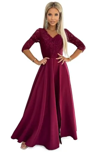Numoco Abendkleid Amber in Bordeauxrot - Elegantes Maxikleid L - Elegantes bordeauxrotes Maxikleid Amber mit Spitzenausschnitt und stilvollen Schlitzen. Ideal für besondere Anlässe und maximalen Tragekomfort. Verleihen Sie jedem Event einen Hauch von Eleganz!