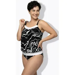 Ulla Popken Soft-BH Tankini mit Linienmuster und verstellbaren Trägern - Zweiteiler Tankini mit Softschalen und elastischem Saum für hohen Tragekomfort. Modernes Linienmuster in Schwarz/Weiß und längeres Oberteil. Verstellbare Träger und stützendem Unterbrustband für perfekten Sitz.