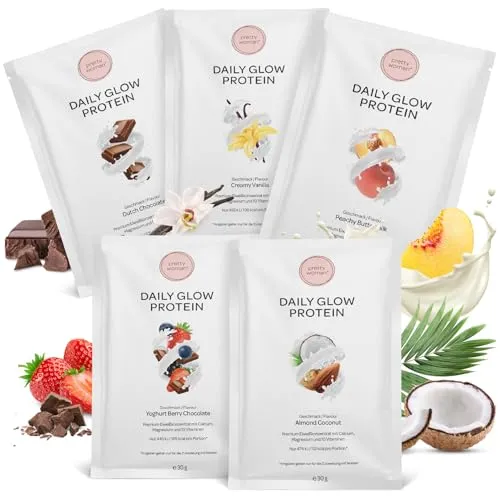 pretty woman® Daily Glow Protein Pulver Portionsbeutel-Set - 5x30g - Low Carb Shake mit Vitaminen & Mineralien, Biotin & Folsäure, wenig Zucker/Proteinpulver Probierpackung, Eiweißpulver Probierset