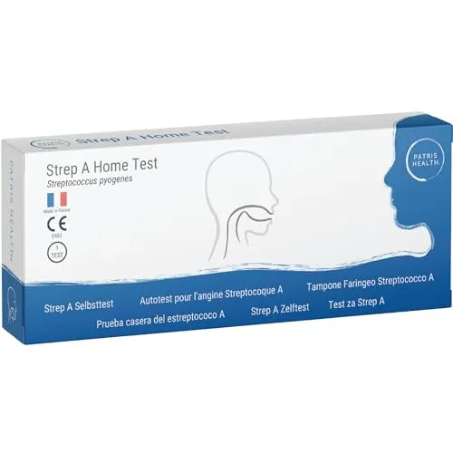 Patris Health® Strep A Selbsttest – Schneller Test zur Strep A Erkennung - Schnelltest zur Erkennung von Streptokokken A. Ergebnis in nur 5–10 Minuten – ideal für den Einsatz zu Hause. Einfacher Rachenabstrich ohne Vorkenntnisse, mit geprüfter Qualität.