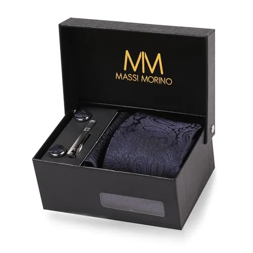 Massi Morino Krawatte Paisley Dunkelblau Set mit Einstecktuch - Krawatten & Fliegen-Sets für Herren – 5-in-1 Geschenkset mit Krawatte, Einstecktuch, Manschettenknöpfen und Krawattennadel in edler Geschenkbox.