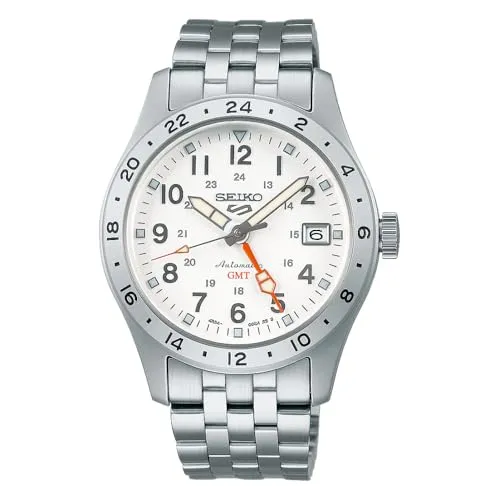 Seiko 5 Sports Automatische GMT Armbanduhr SSK059K1 - Elegante Seiko 5 Sports Uhr mit automatischem Uhrwerk und GMT-Funktion. Das weiße Zifferblatt mit orangefarbenem GMT-Zeiger sorgt für optimale Ablesbarkeit. Robustes Edelstahlarmband für täglichen Komfort und Langlebigkeit.