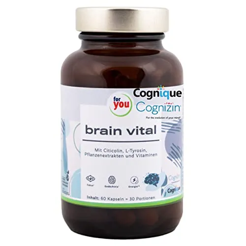 for you brain vital - Brain Booster mit Citicolin (Cognizin®), Cognigue® - Sekundäre Pflanzenstoffe & Ginseng - 60 Konzentrations Kapseln - Vegan, ohne Zusatzstoffe - ohne Koffein für mehr Focus