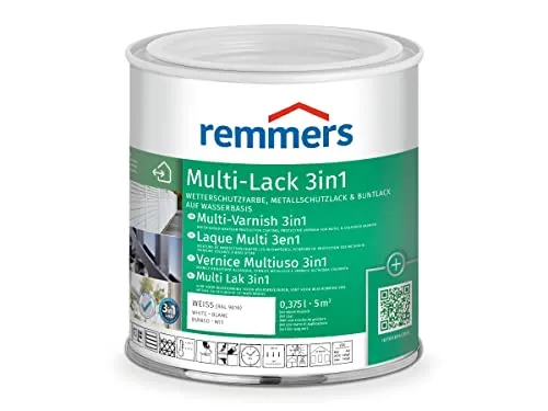 Remmers Multi-Lack 3in1 weiß (RAL 9016) 0,375 l - Wetterfester 3-in-1 Lack für Holz, Metall & PVC. Ideal für Innen- und Außenanwendungen mit hervorragendem Korrosionsschutz und geringer Vergilbungsneigung.
