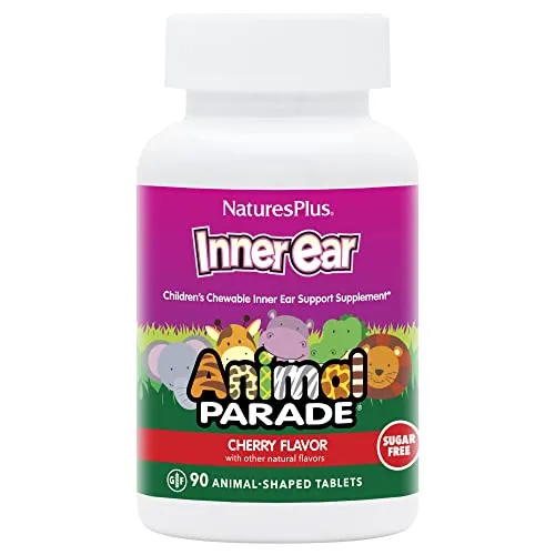 Natures Plus Animal Parade Inner Ear - 90 Tabletten, Cherry - Nahrungsergänzungsmittel für Kinder ab 2 Jahren mit 1,5 Milliarden Probiotika pro Lutschtablette zur Förderung einer gesunden Mikroflora im Innenohr, in der Nase und im Hals.