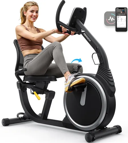 MERACH Liege-Heimtrainer für Zuhause - Gelenkschonendes Fitnessbike bis 135 kg mit LCD-Display, Bluetooth, Pulssensoren und ergonomischem Sitz – ideal für komfortables Training zu Hause.
