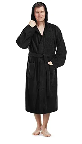 Arus Herren Bademantel mit Kapuze, S-M, Schwarz - Hochwertig & Modern - Hochwertiger Herren Bademantel mit Kapuze, zwei praktischen Taschen und Bindegürtel. Leicht und atmungsaktiv aus 100% schadstofffreier Baumwolle – ideal für Sauna, Spa und jeden Tag.