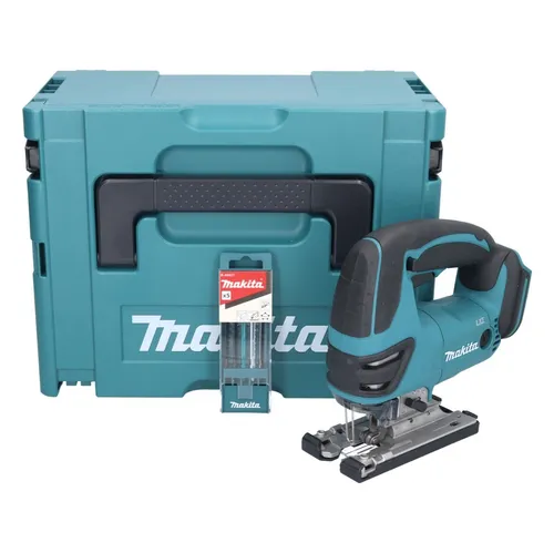 Makita DJV 180 ZJ Akku Stichsäge 18 V mit 5 tlg. Blatt Set - Sägen: Leistungsstarke Akku-Stichsäge mit 18 V, ideal für Holz, Kunststoff und Metall. Inklusive praktischem Makpac und 5 Sägeblättern für vielseitige Anwendungen.