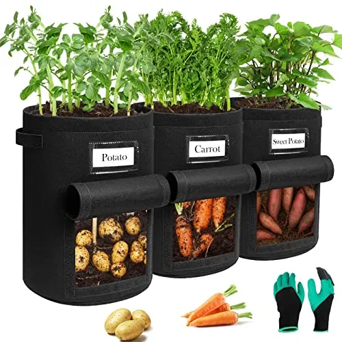 Airminti 3-Pack 10 Gallonen Kartoffel Pflanzsack mit Stabilen Griffen - Hochwertige Pflanzsäcke aus atmungsaktivem Vliesstoff, ideal für das Wachsen von Kartoffeln und anderen Wurzelgemüsen. Praktisches Design mit Sichtfenster für einfache Ernte und verstärkten Griffen für mühelosen Transport.