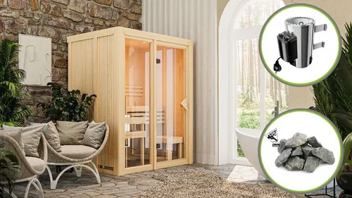 Karinu MODERNO 1 AVARI Innensauna mit 3,6kW Ofen - Klassische Ecksauna für bis zu 3 Personen, gefertigt aus hochwertiger Fichte, ideal für den Innenbereich und bietet entspannende Wellness-Momente.