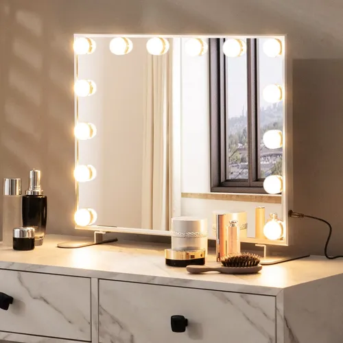 GOPLUS Hollywood Spiegel mit Beleuchtung - Kosmetikspiegel mit 14 dimmbaren LED-Lampen und 3 Lichtfarben für perfektes Make-up. Intelligente Touch-Steuerung und vielseitige Nutzung als freistehender oder wandmontierter Spiegel.