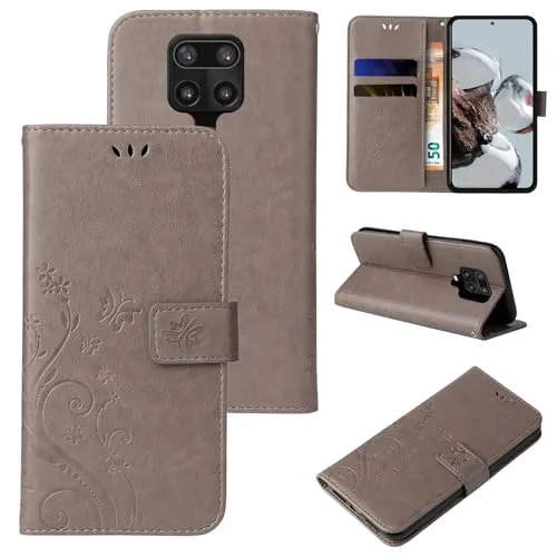 LBH Handy Hülle für Xiaomi Redmi Note 9 Pro Case Handytasche Schmetterling Blumen Flower Standfunktion Schutzhülle Magnet Rundum Schutz 360 Grad Flipcase Cover Grau