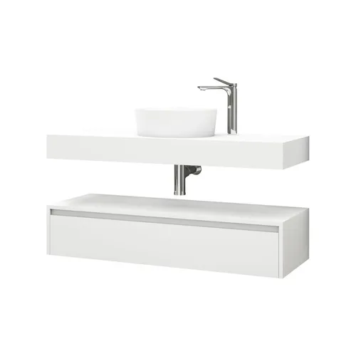 Belvit Linuva Waschtischunterschrank 120 x 50 cm - Moderner Waschbeckenunterschrank in Matt Weiß - Eleganter Waschtischunterschrank mit großzügiger Schublade und offener Ablage für zusätzlichen Stauraum. Robustes MDF sorgt für Langlebigkeit und die Wandmontage schafft einen modernen, schwebenden Look im Badezimmer.