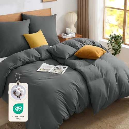 BEDELITE Bettwäsche 135x200 Baumwolle 4teilig - Bettbezüge 135x200cm 2er Set Dunkelgrau mit 2 Kissenbezüge 80x80 cm, Oeko-TEX Bedding weiche und kuschelige Bettwaren