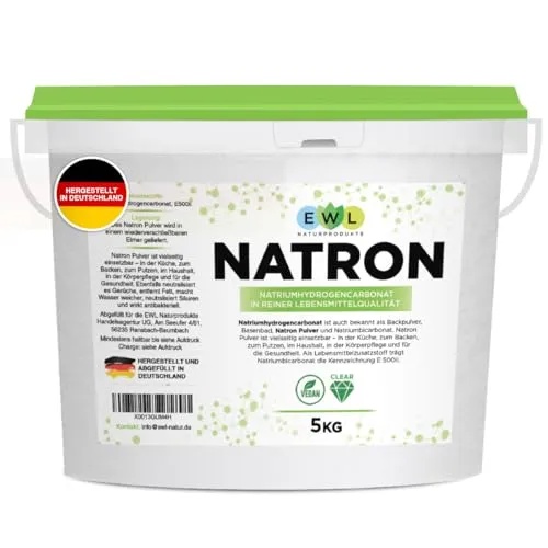 EWL Naturprodukte Natron Pulver 5 kg, Backing Soda im wiederverschließbaren Eimer, Natronpulver in hochreiner Lebensmittelqualität, Herstellung und Abfüllung in Deutschland