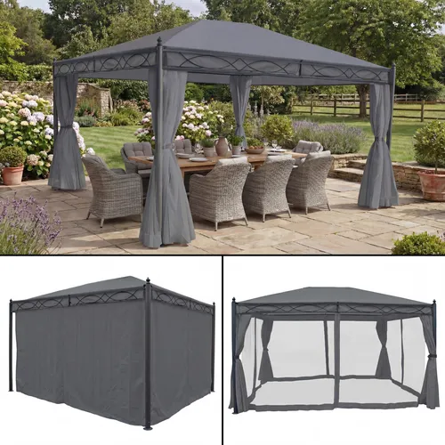 Mendler Pergola Cadiz, Garten Pavillon 4x3m - Stabiler Pavillon mit 7cm-Gestell, integriertem Moskitonetz und flexiblen Seitenwänden für optimalen Sonnenschutz und Insektenschutz.