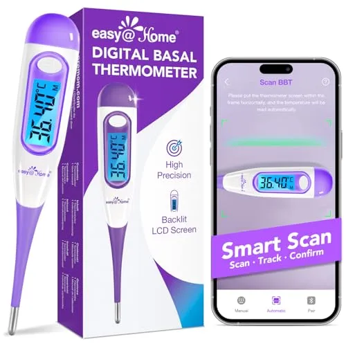 Easy@Home Fruchtbarkeitsthermometer - Digitales Basalthermometer mit Premom APP - Fruchtbarkeitsthermometer für präzises Eisprung-Tracking, mit blauer Hintergrundbeleuchtung und 30 Temperaturaufzeichnungen zur optimalen Zykluskontrolle.