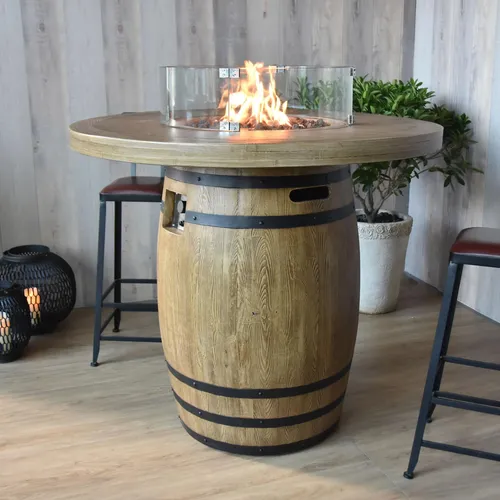 Elementi Feuerstelle im Holzfass-Stil - Feuerstelle in rustikaler Holzfass-Optik, ideal für Garten und Terrasse. Mit sicherem elektrischen Zünder und einstellbarer Flammenhöhe für gemütliche Abende.