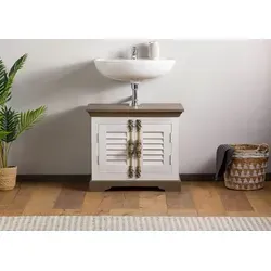 Waschbeckenunterschrank Mango 70x40x60 weiß TOULOUSE - Landhausstil - Eleganter Waschbeckenunterschrank im französischen Landhausstil aus weiß lackiertem Mangoholz. Mit praktischer Aussparung für den Siphon und detailreichem Rahmenprofil, ideal für stilvolle Badezimmer.