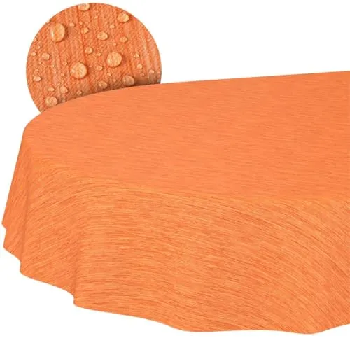 Tischdecke abwaschbar Wachstuch Wachstuchtischdecke Gartentischdecke Leinen-Optik Pflegeleicht Wasserabweisend 160 x 140cm (Oval) Orange Schnittkante
