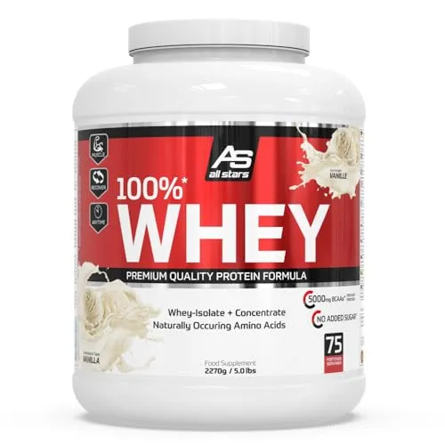 All Stars 100% WHEY PROTEIN 2270g - Hochwertiges Eiweiß-Pulver mit Vanilla-Flavour - Molkenproteine: Schnelle Proteine aus Whey Konzentrat & Isolat für optimale Aminosäurenversorgung, ideal für jede Diät und vielseitig einsetzbar.