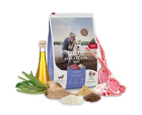 mera Pure Sensitive Mini Lamm & Reis Trockenfutter für Hunde - Hundefutter für sensible kleine Hunde, mit Lamm als einzige Proteinquelle und leicht verdaulichem Reis. Minimiert Nahrungsunverträglichkeiten durch hochwertige Zutaten.