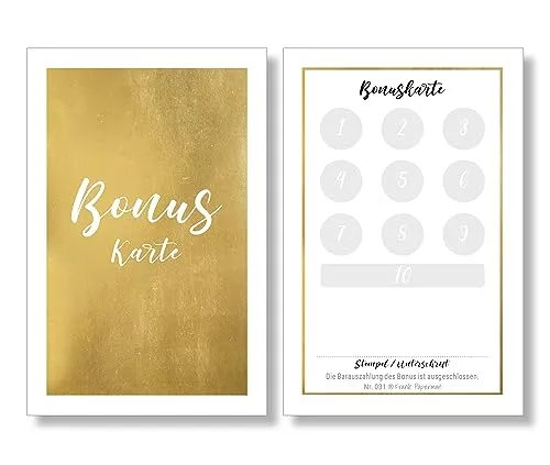 Frank Paperman® | 200x Bonuskarte für Kunden mit funkelnder Goldprägung | 10er Bonus Treuekarten zum Abstempeln | goldene Stempelkarten | gold loyalty card