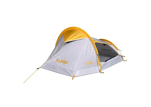TAMBU Leichtgewichtszelt Robi - Camping-Zubehör für 2 Personen, mit großem Seiteneingang und Moskitonetz, ideal für Wanderungen und Radtouren, leicht und umweltfreundlich aus 100% recyceltem Polyester.