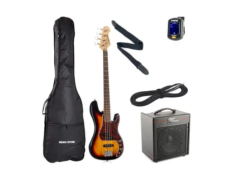 E-Bass Anfänger Set J & D PBJ 3-Tone Sunburst + Gaia Verstärker - Komplettes E-Bass Set mit 4-saitigem J & D PBJ Bass und leistungsstarkem Gaia Comboverstärker. Ideal für Einsteiger, inklusive Zubehör wie Gigbag und Stimmgerät.