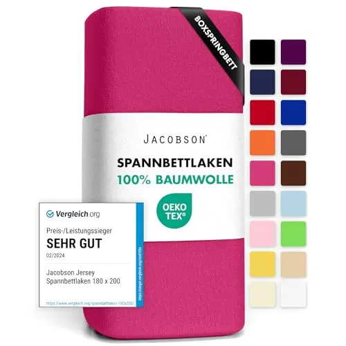 Jacobson Jersey Spannbettlaken Spannbetttuch Baumwolle Bettlaken (180x200-200x220 cm, Pink)