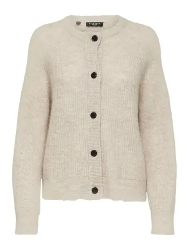 Selected Damen Strickjacke Relaxed Fit - Elegante Strickjacke aus Alpakawolle mit Rundhalsausschnitt und Raglanärmeln, ideal für jedes Wetter und jeden Anlass.